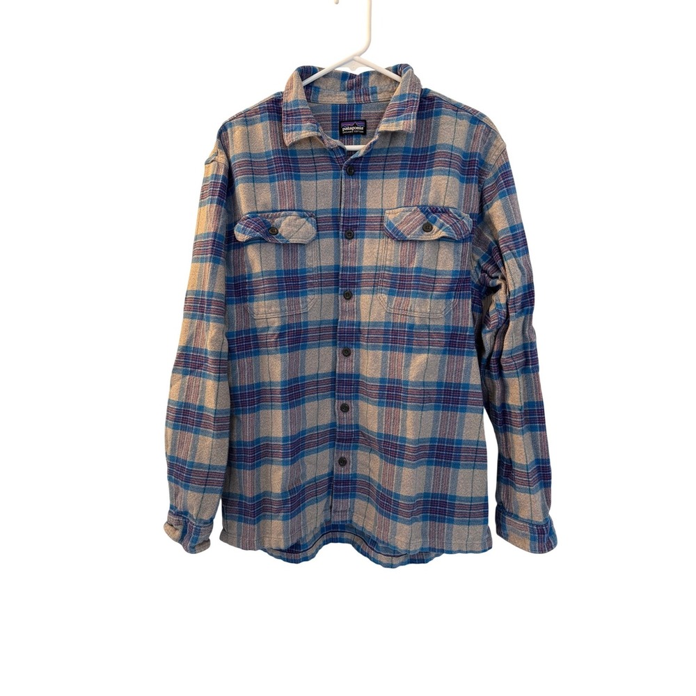Patagonia Mens Fjord Flannel Shirt Blue Gray Plaid Organic Cotton Large